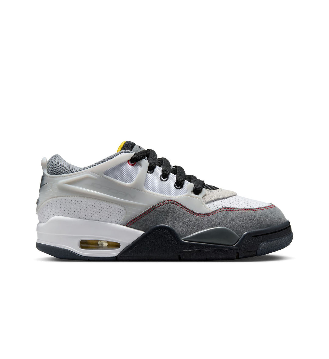 Gray and white sneaker with black accents on a white background