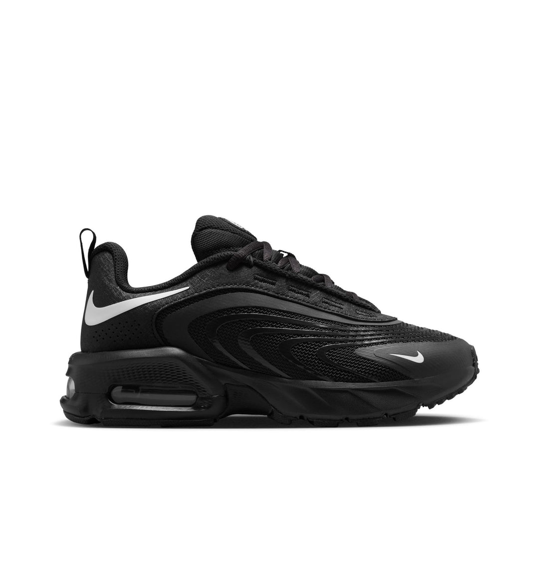 Black Nike Air Max Fire grade school  sneaker with a white lswoosh on a white background