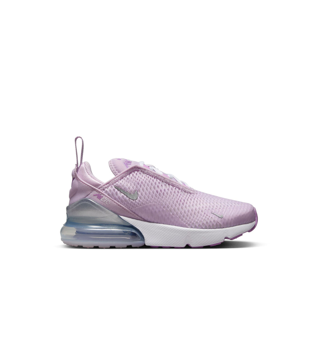 Pink Nike Air Max 270 sneaker with a white sole on a white background