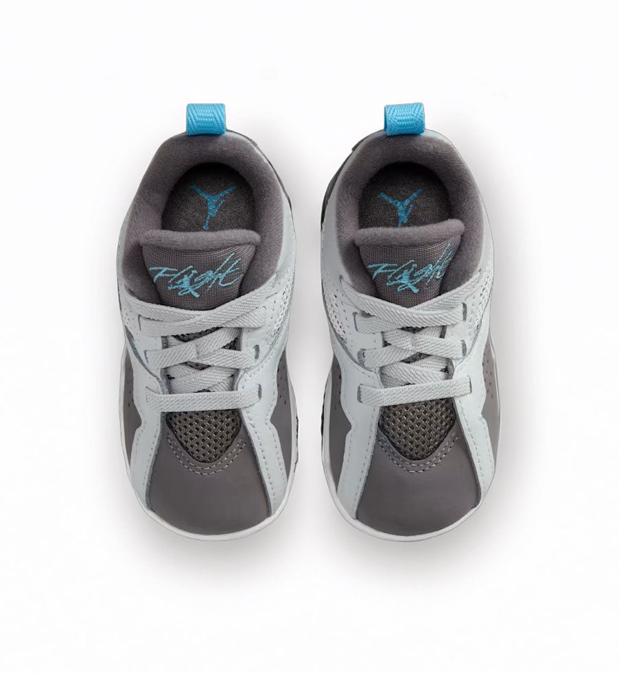 Toddler Air Jordan sneakers in grey and white with mesh panels and light blue accents, shown from the top against a white background