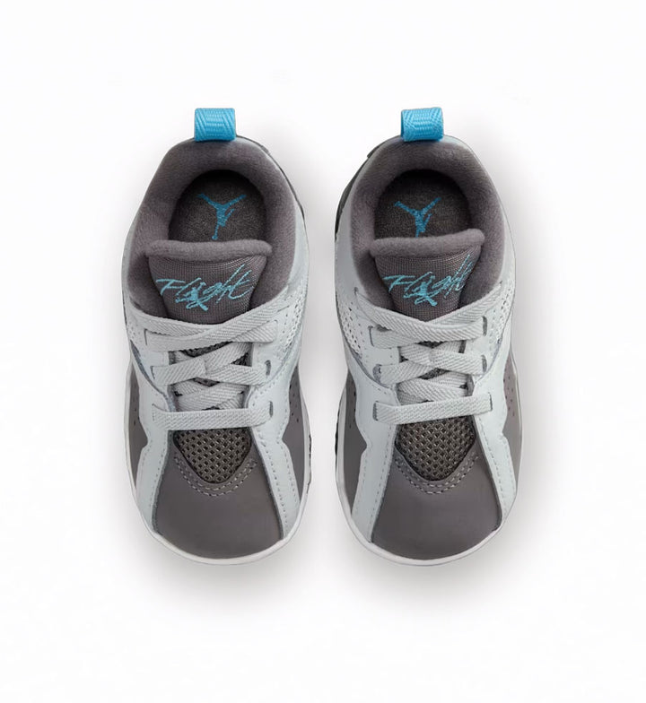 Toddler Air Jordan sneakers in grey and white with mesh panels and light blue accents, shown from the top against a white background
