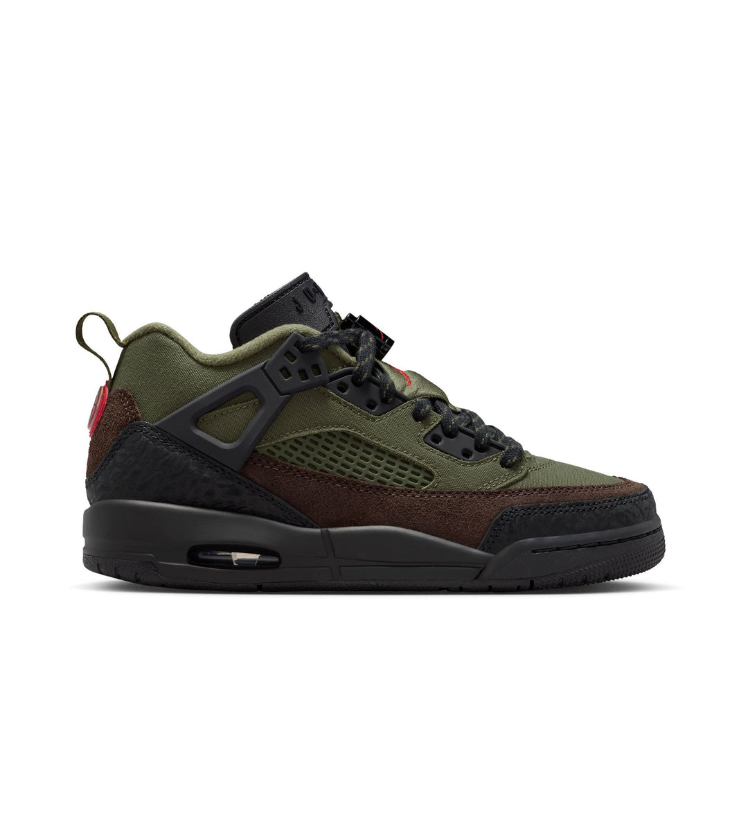 Olive, brown, and black Jordan Spizike Low grade school shoe against a white background.