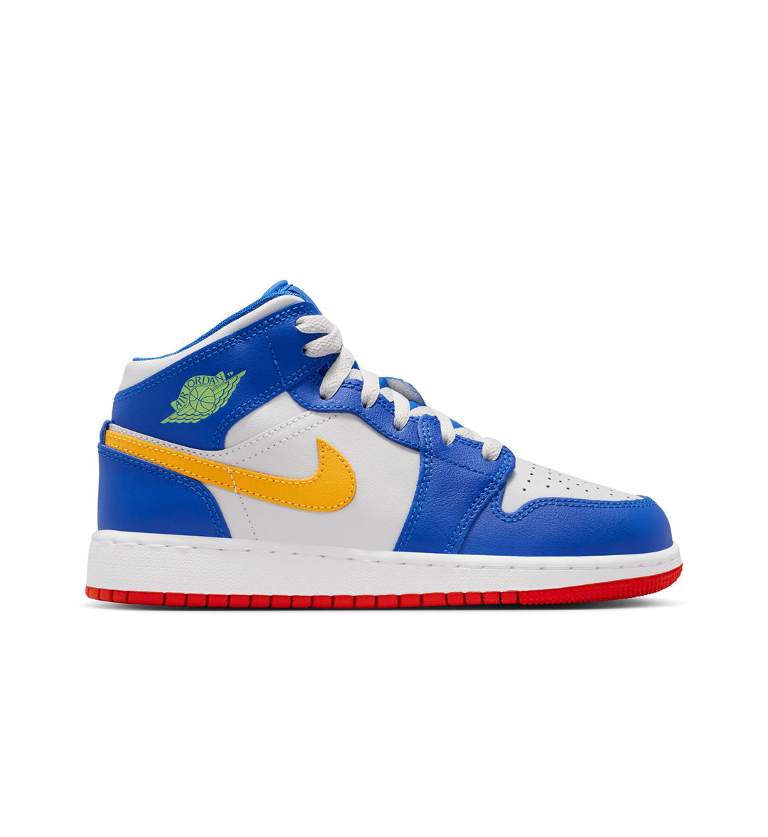 White and blue Nike Air Jordan 1 Mid in grade school with gold and red accents on white background