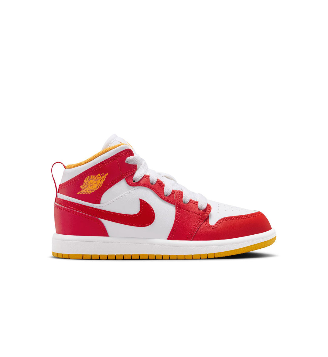 Red and white Nike Air Jordan 1 Mid PS with gold/yellow accents on white background