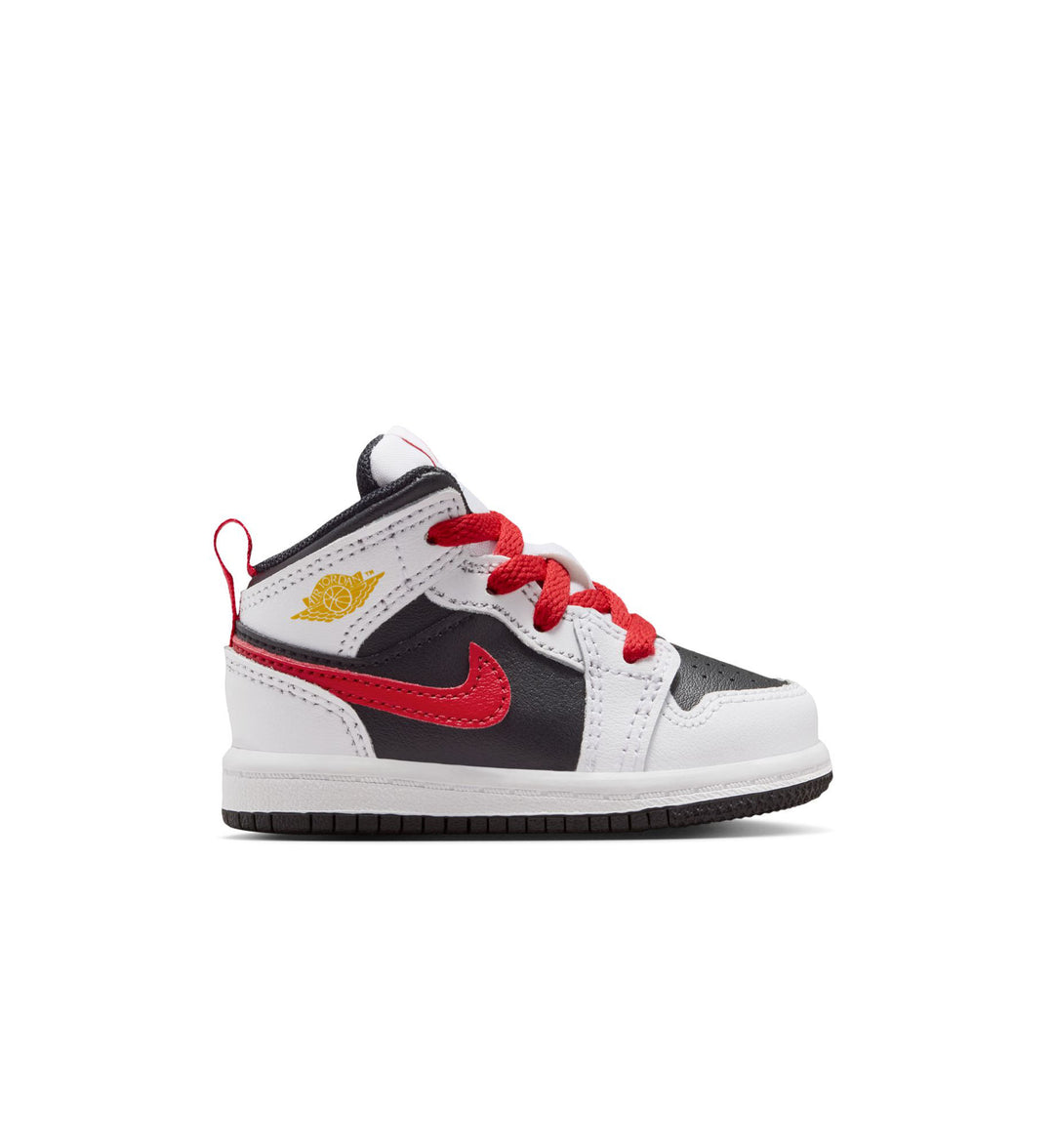White and black Air Jordan 1 Mid TD with red accents on white background