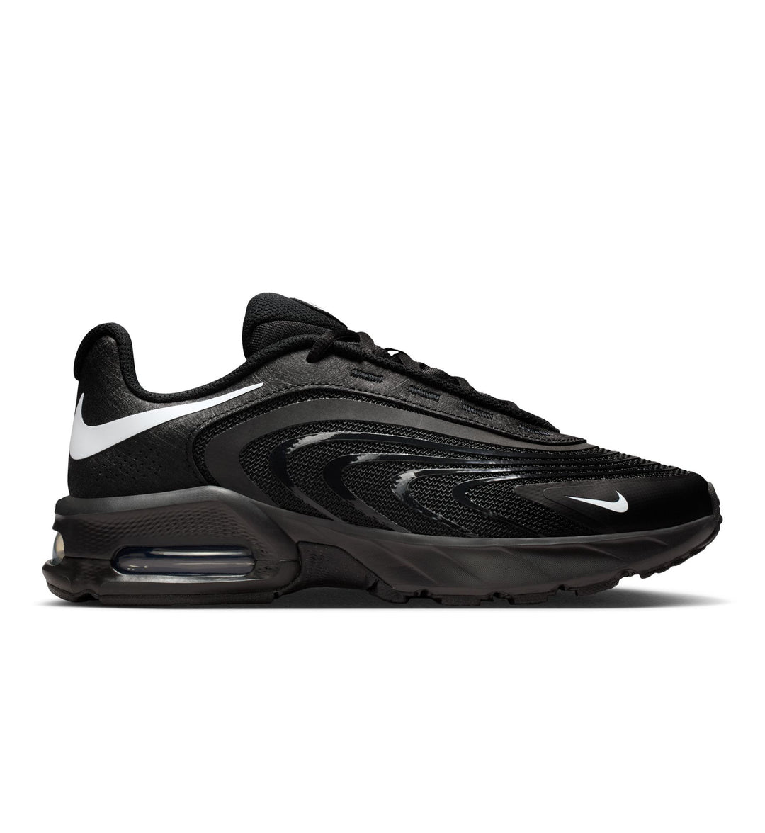 Black Nike Air Max Fire WMNS with white Nike Swoosh on a white background