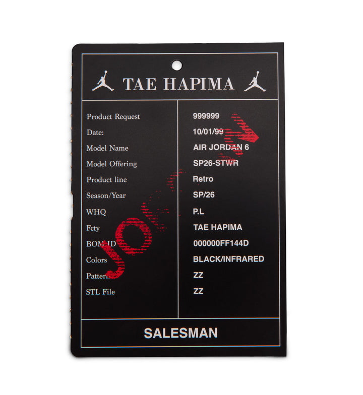 Jordan 6 Retro “Infrared Salesman” TD “Black/Lt Crimson” (IQ1280-001)
