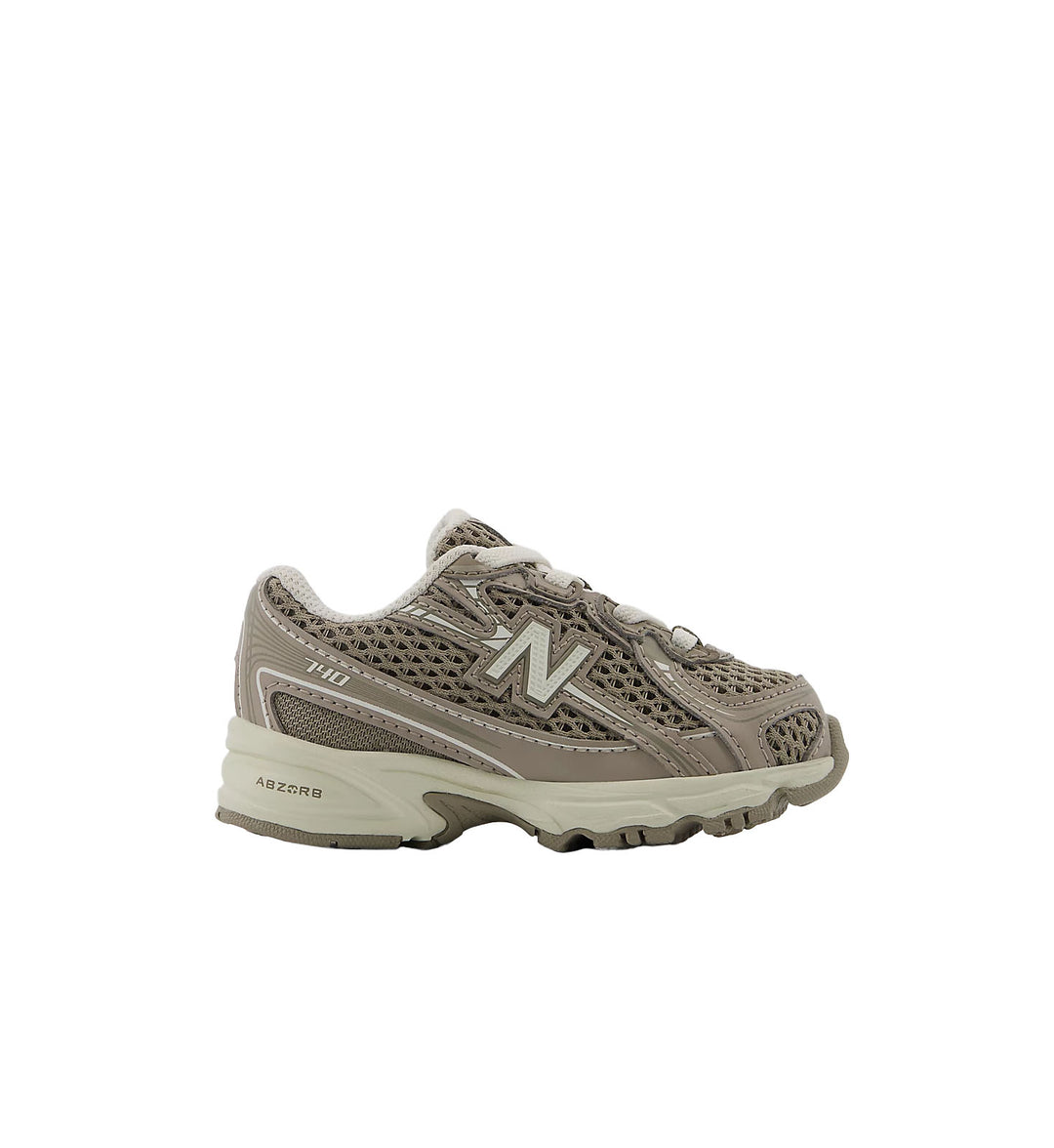 Brown New Balance toddler running shoe with logo on a white background