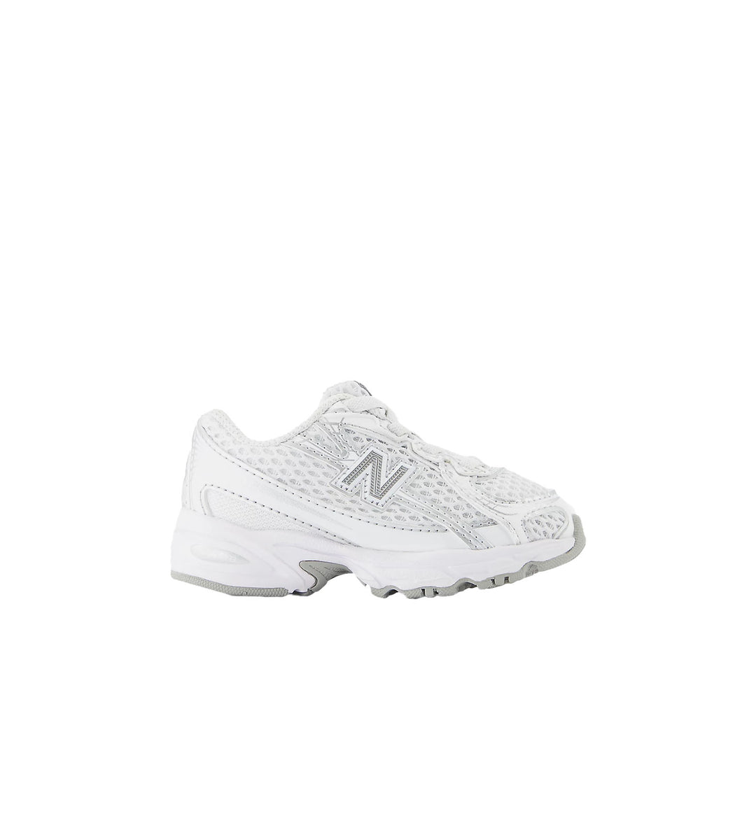 White athletic shoe with New Balance logo on a white background