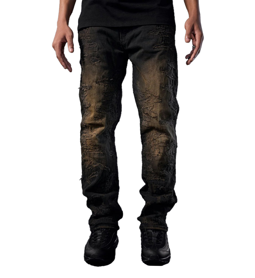 Distressed copper black Aaron Fit Molten Denim jeans worn by a person on a white background