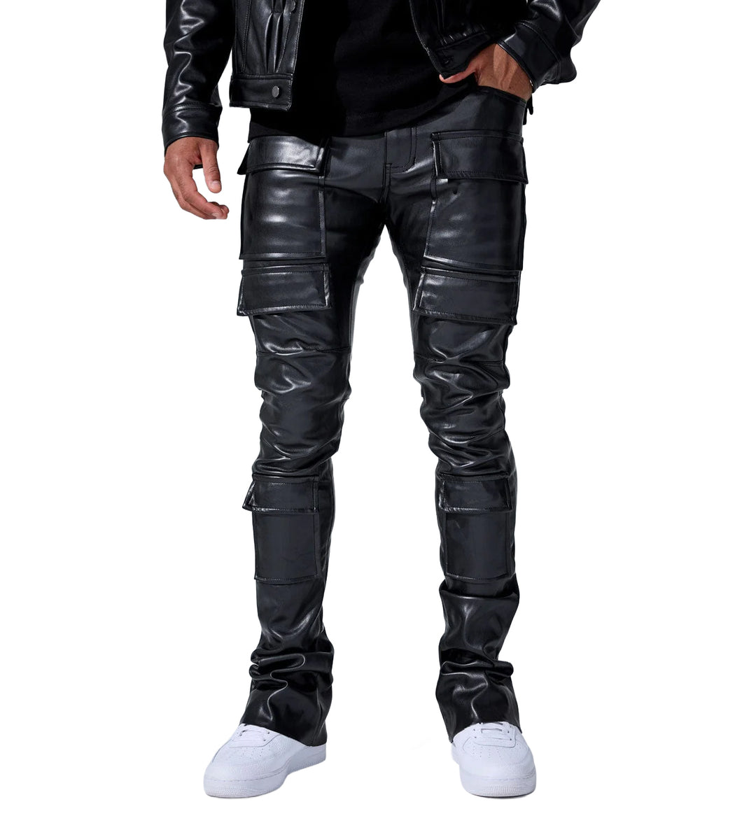 Man wearing Skinny Stacked Fit – Thriller Cargo Pants — Black