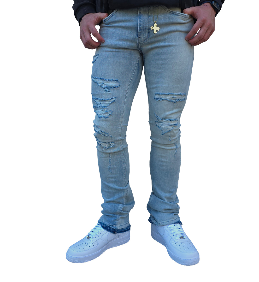 Man wearing See You In Paradise Martin Stacked Denim — Lightning Blue