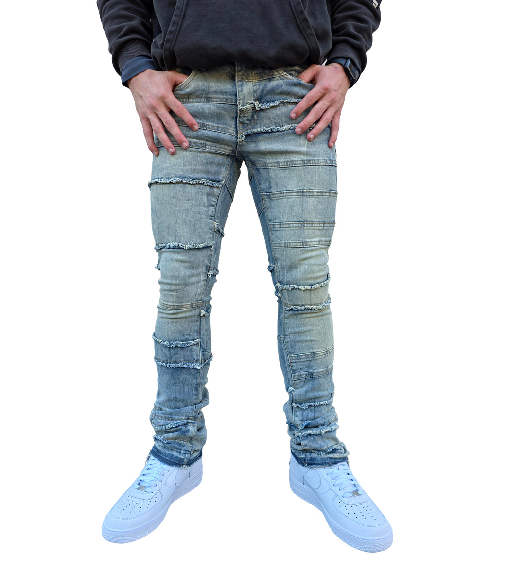 Person wearing Jordan Craig's Jason Denim — Iced Lager and white sneakers on a white background