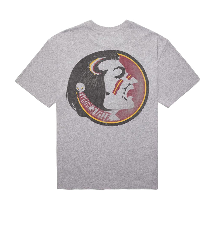 Gray '47 Brand Florida State Seminoles Alumnus Backer Foundation Tee with a logo on the back featuring a face and circular design.