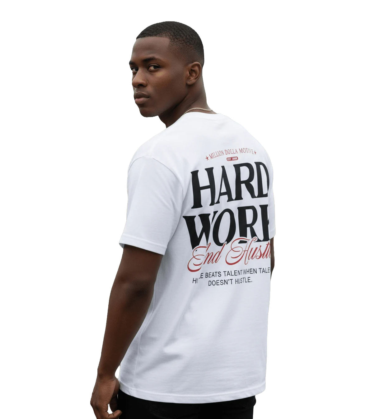 Million Dolla Motive Hard Work And Hustle T-Shirt – White | Pro Feet | MDM-HUSTLEWH