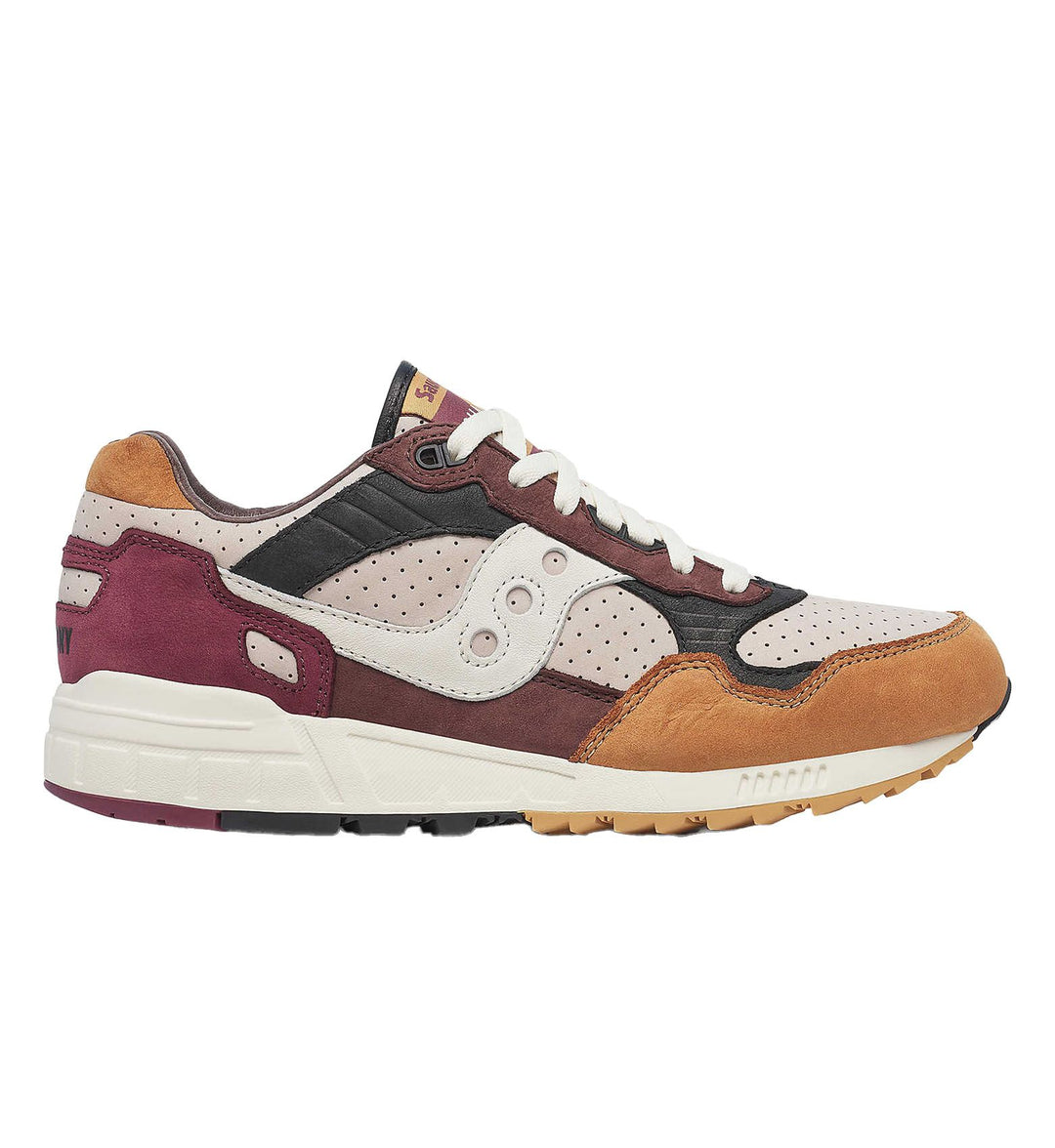 A brown multi-colored Saucony Shadow 5000 Premium sneaker on a white background