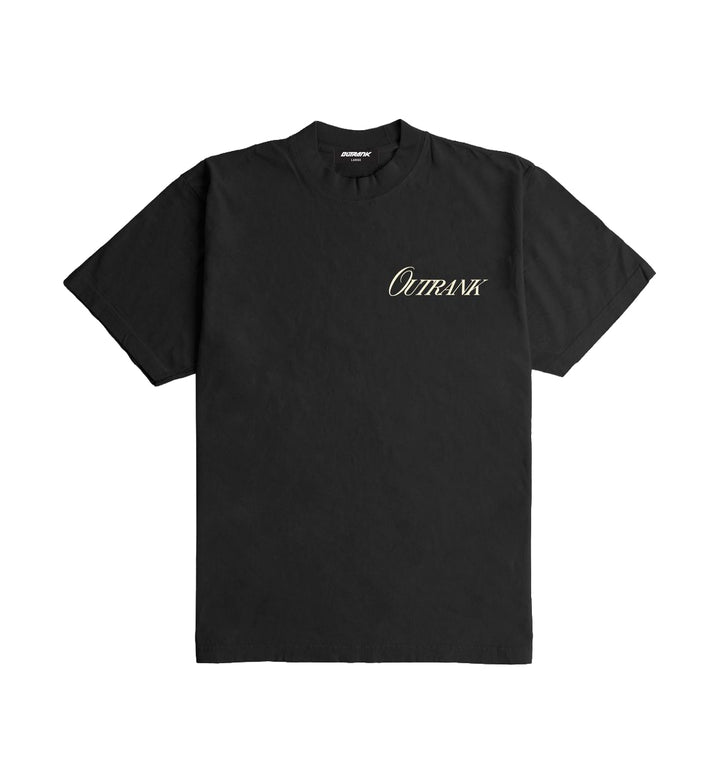 Black "Smell the Roses" Ultra Heavyweight T-shirt with 'Outrank' logo 