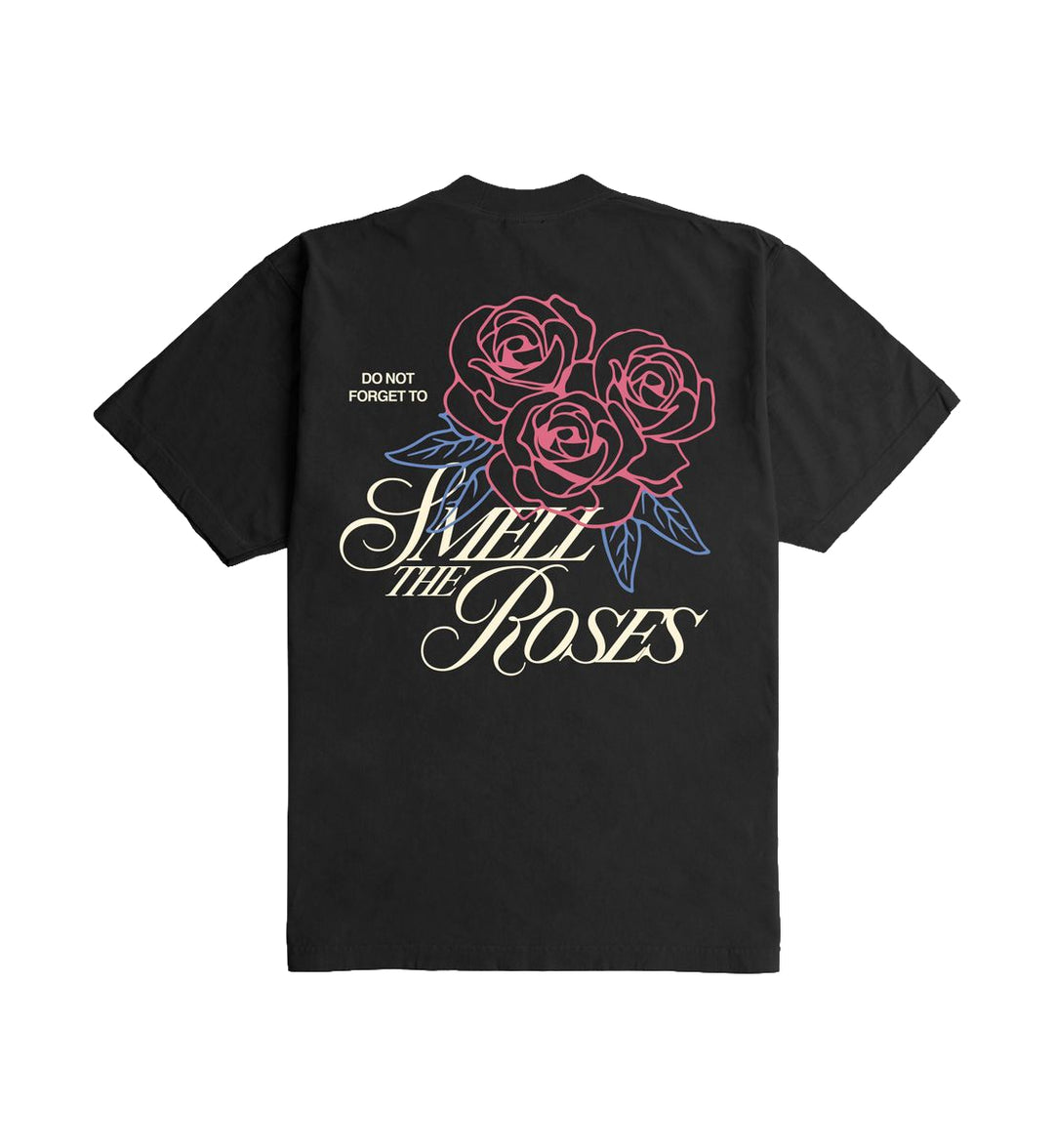 Black "Smell the Roses" Ultra Heavyweight T-shirt by Outrank with floral design and text