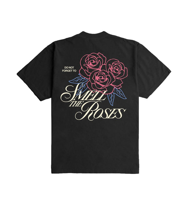 Black "Smell the Roses" Ultra Heavyweight T-shirt by Outrank with floral design and text