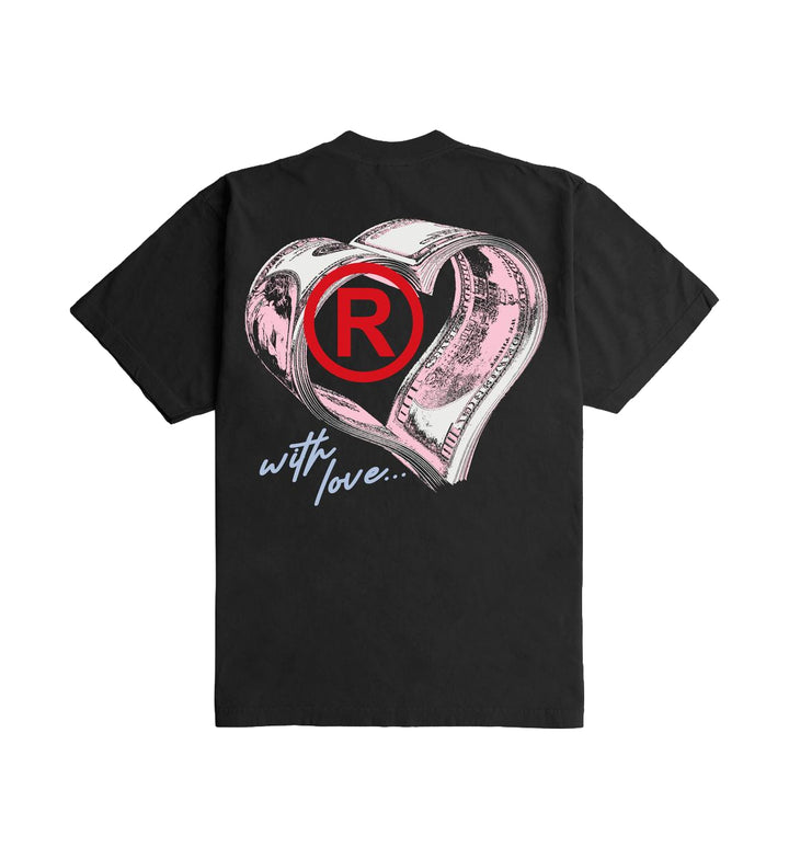 Black With Love Ultra Heavyweight T-Shirt  with a heart-shaped design featuring a red 'R' and dollar bills by Outrank