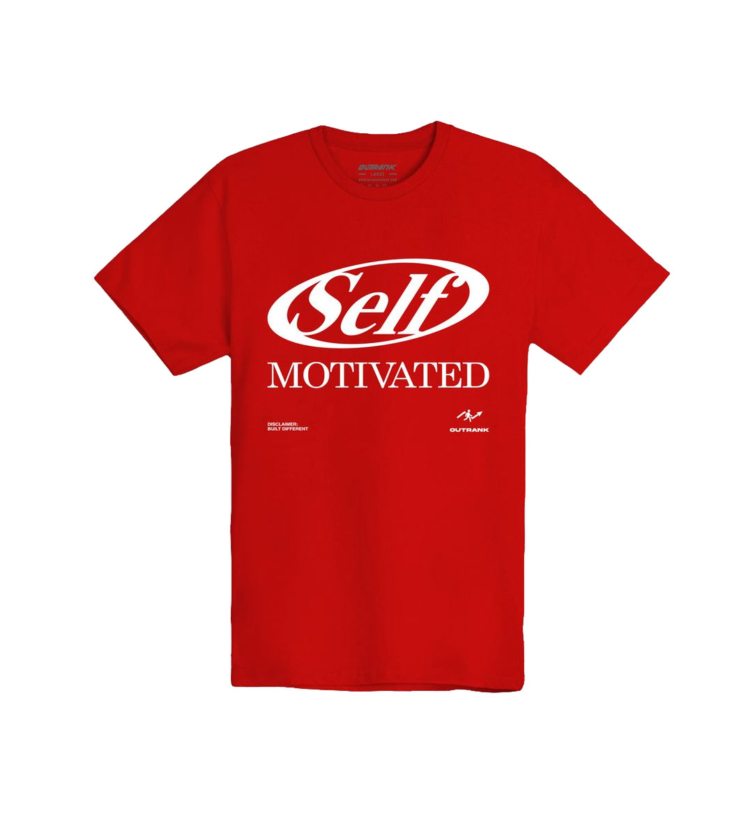 Red Self Motivated T-Shirt by Outrank with 'Self Motivated' text on a white background