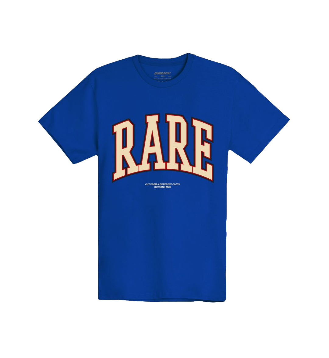 Royal blue R.A.R.E. T-Shirt with 'RARE' printed on it by Outrank