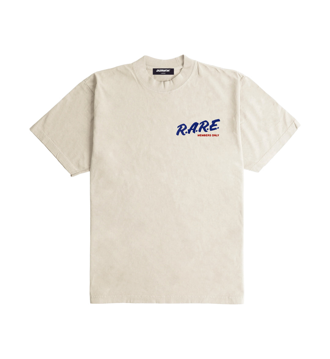 Beige R.A.R.E Ultra Heavyweight Embroidered T-Shirt with 'RARE' text on a white background