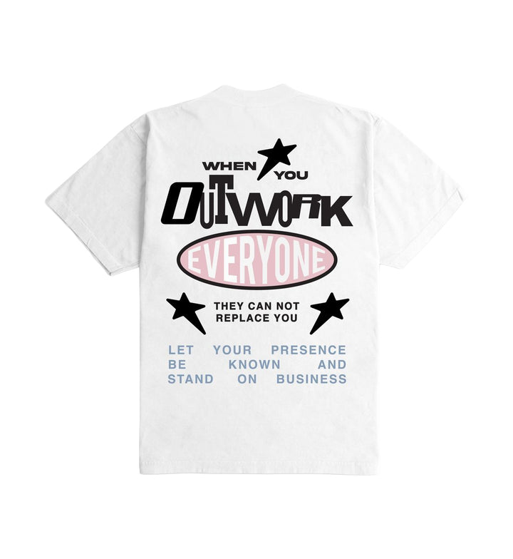 White "They Can Not Replace You" Ultra Heavyweight T-Shirt with black and pink text by Outrank