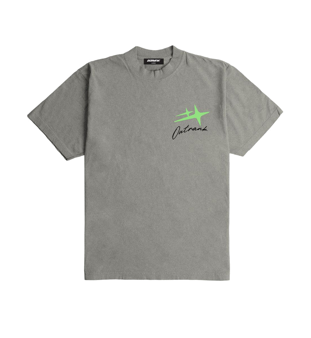 Gray Favored Ultra Heavyweight T-Shirt with a green and black "Outrank" logo 
