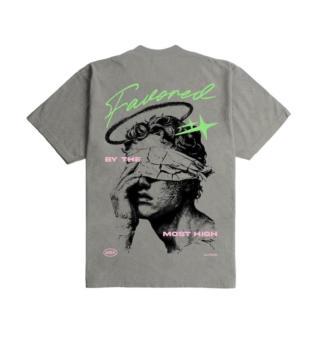 Gray "Favored" Ultra Heavyweight T-Shirt with graphic design and text by Outrank