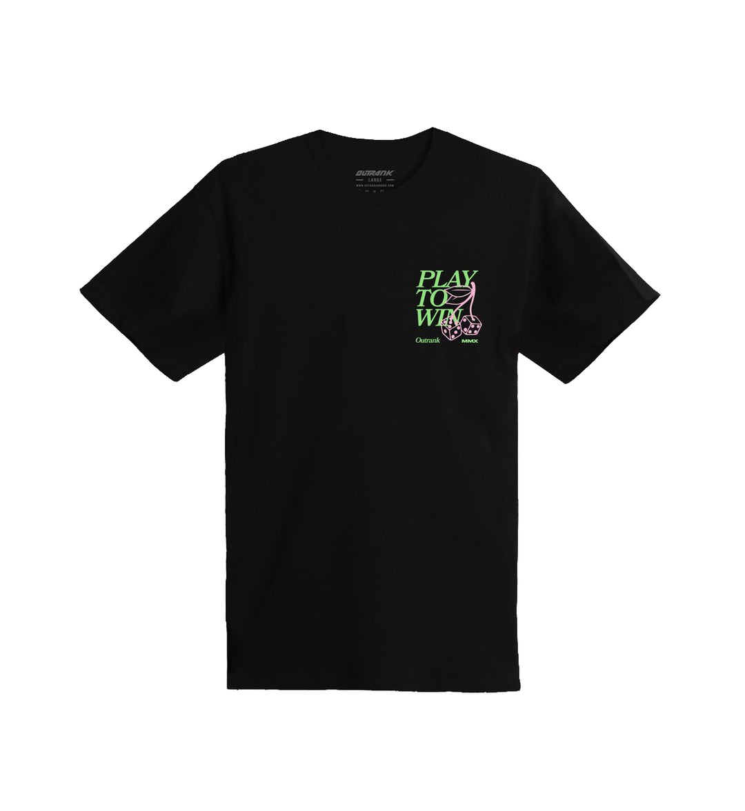 Black Outrank t-shirt with 'Play to Win' text and graphics on a white background