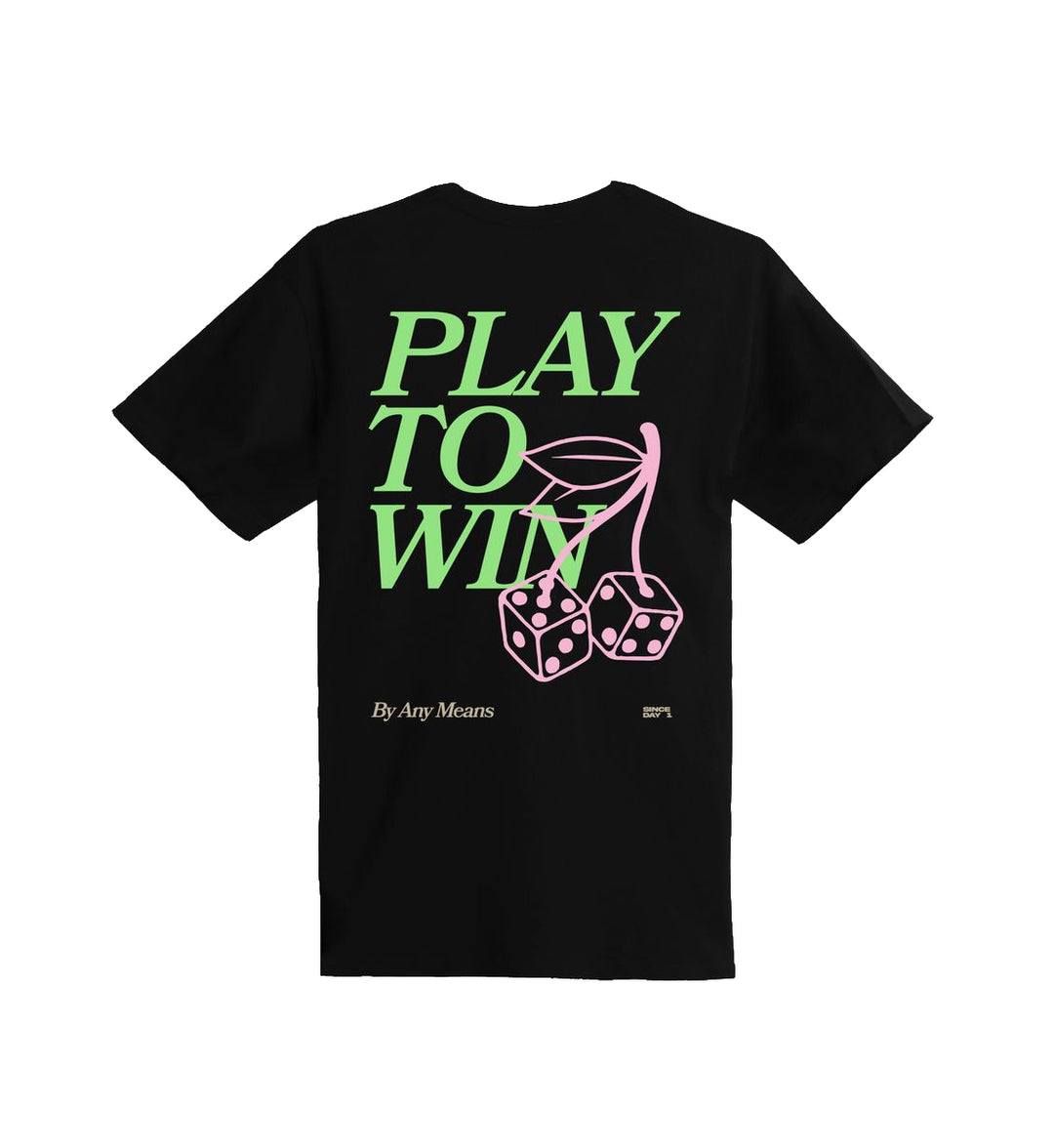 Black "Play To Win" T-Shirt with green text 'PLAY TO WIN' by Outrank