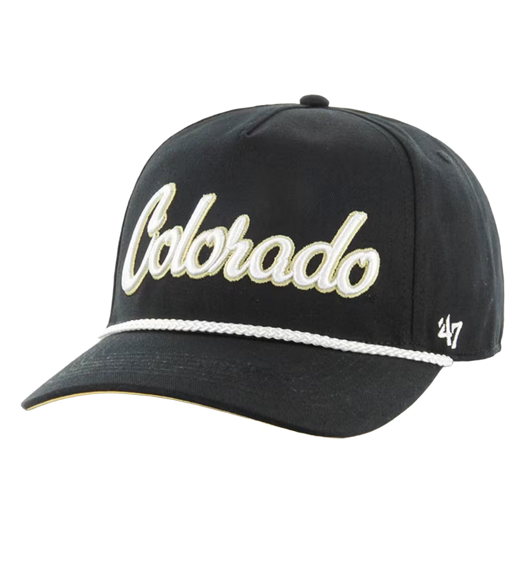 Black Colorado Buffaloes Overhand Script ’47 Hitch cap with 'Colorado' text and '47' brand logo on a white background