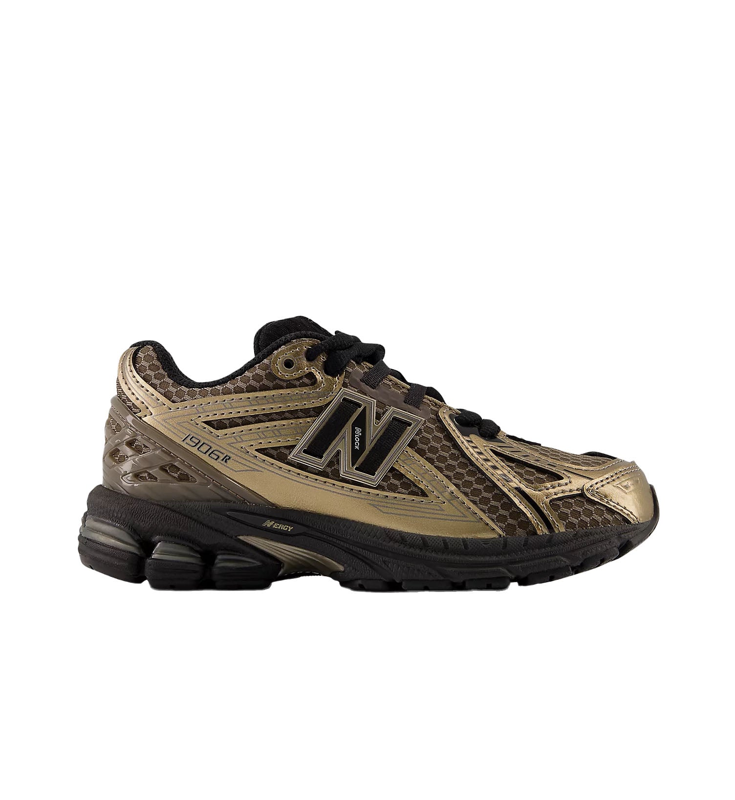 Metallic gold and black preschool New Balance 1906 on white background.
