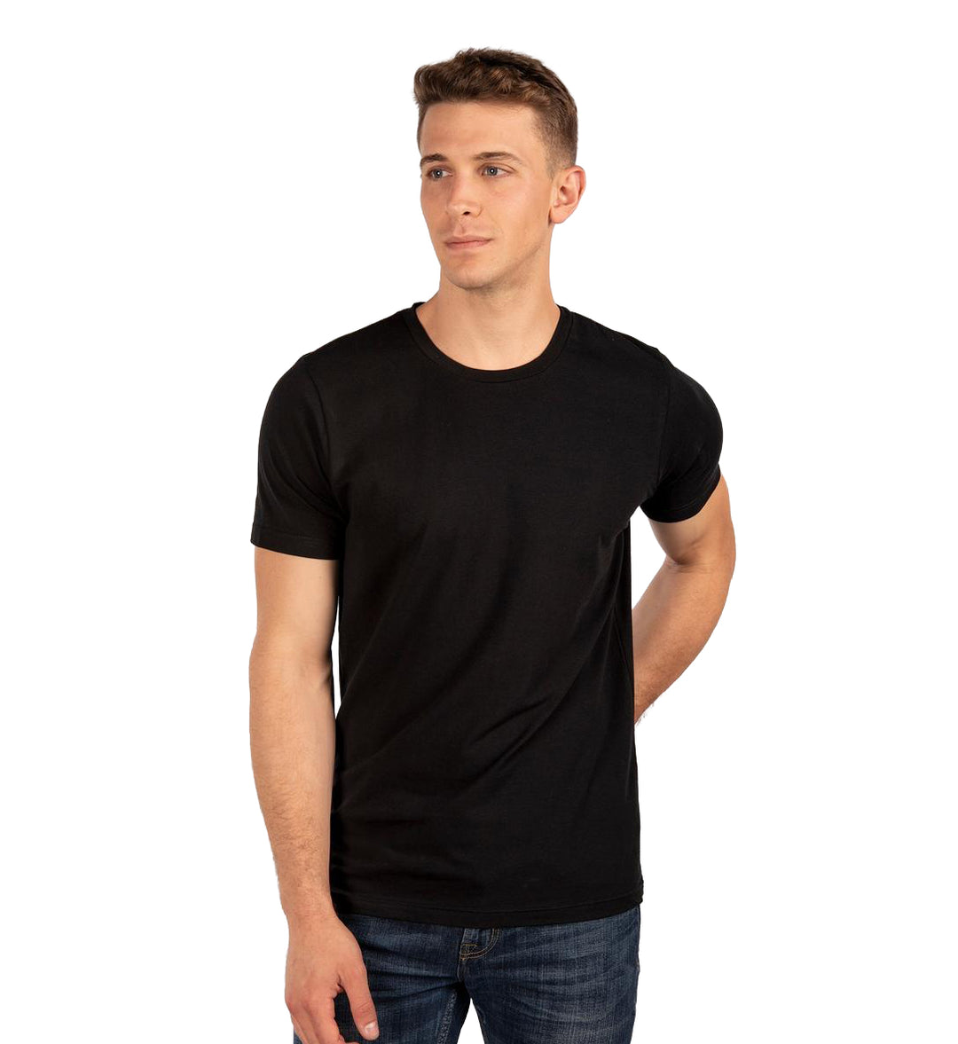 Man wearing a black City Lab Stretch Slim Fit T-Shirt, Crew on a white background
