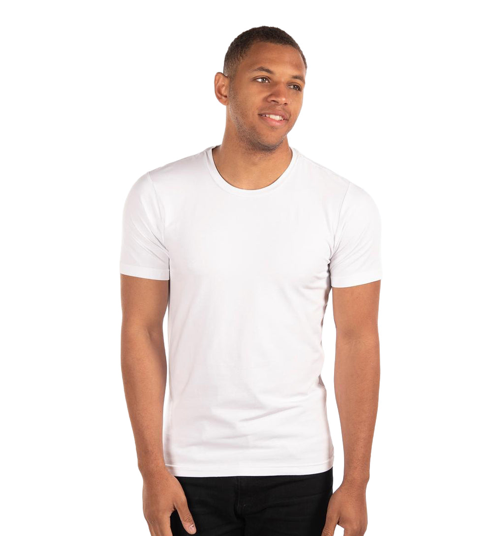 Man wearing a plain white City Lab Stretch Slim Fit T-Shirt, Crew on a white background