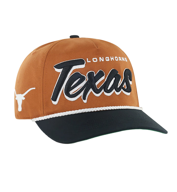 Orange and black Texas Longhorns Drop Shadow Rope ’47 Hitch cap with 'Texas' and 'Longhorn' text on a white background