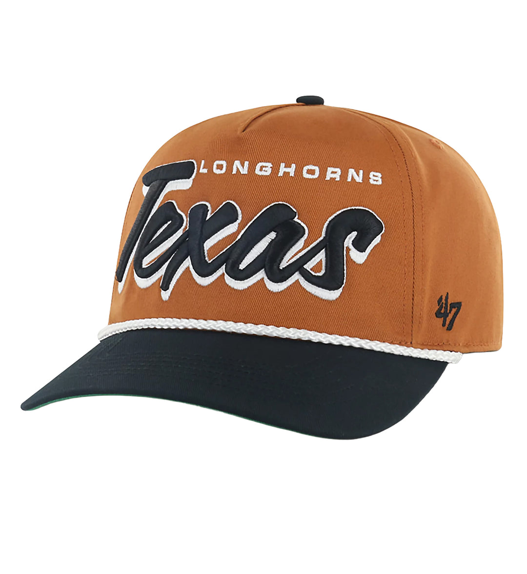 Orange and black Texas Longhorns Drop Shadow Rope ’47 Hitch cap with 'Longhorns Texas' text and '47' brand logo on a white background