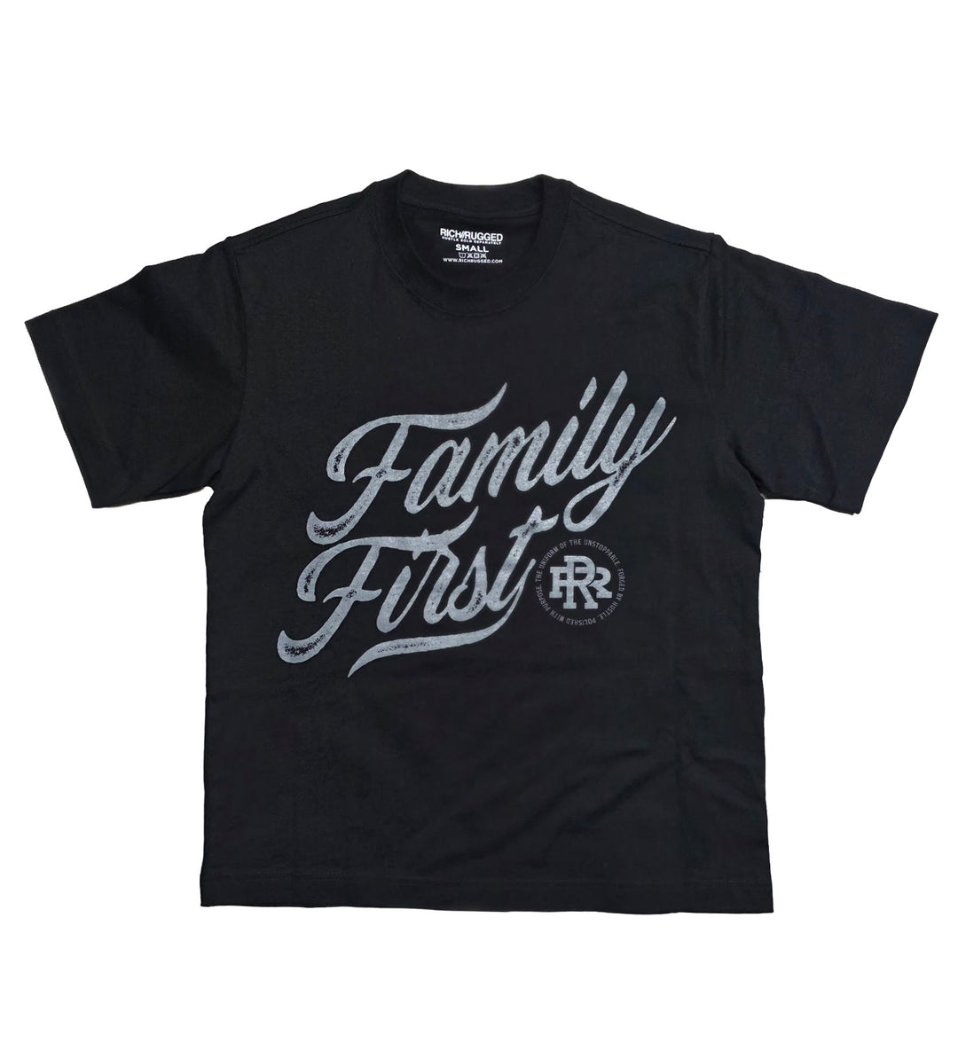 Rich &amp; Rugged Family First T-Shirt — Family First w/ Drk. Gray on Premium Black Crop Top