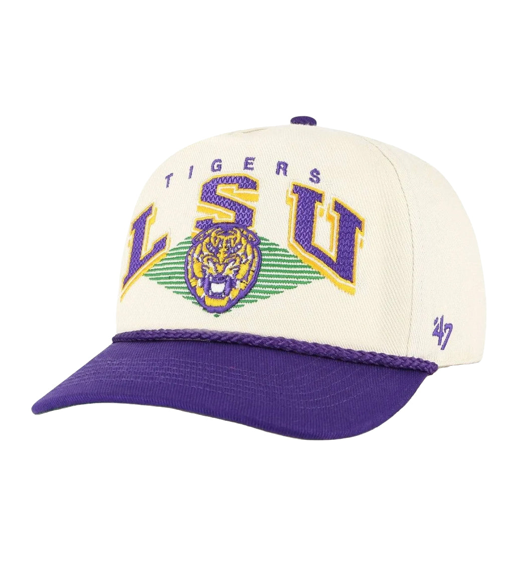 LSU Tigers Pomona TT Rope ’47 Hitch RF  cap with purple and yellow accents on a white background