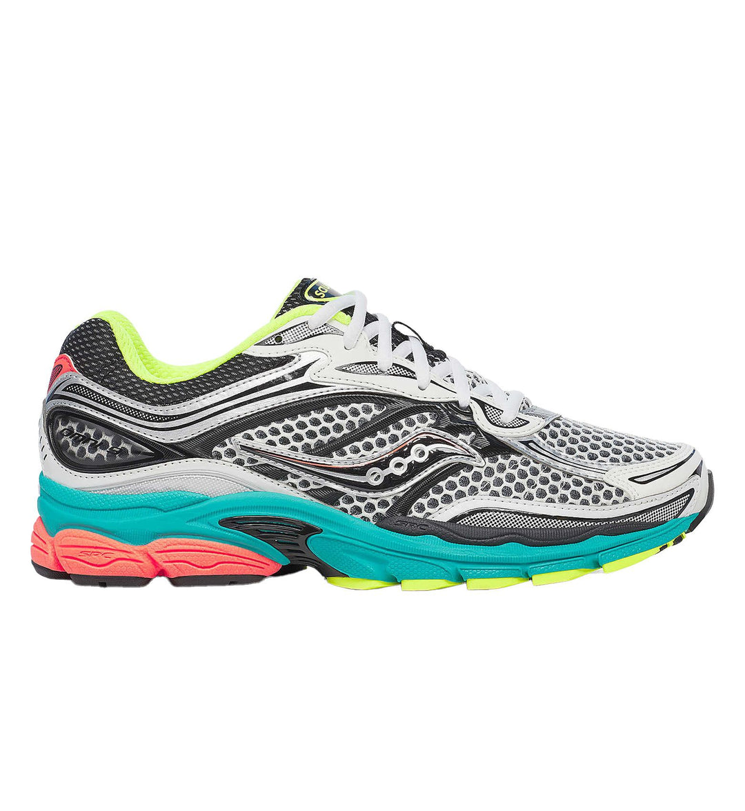 A silver Saucony ProGrid Omni 9 with teal, yellow/green, and salmon accents men shoe on a white background.