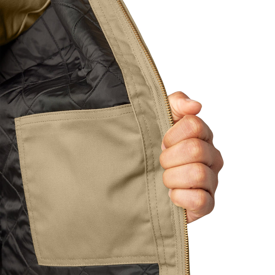 Close-up of a Khaki Dickies Insulated Eisenhower Jacket on a white background