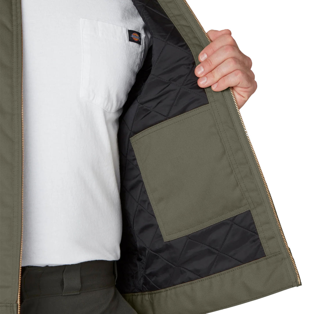 Inside of the Moss green Dickies Insulated Eisenhower Jacket on a white background