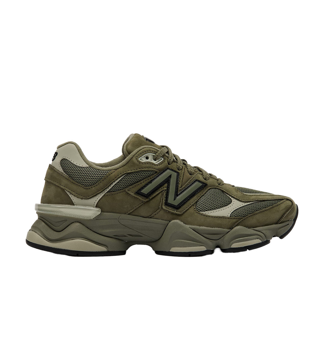 Olive sneaker with New Balance logo on a white background