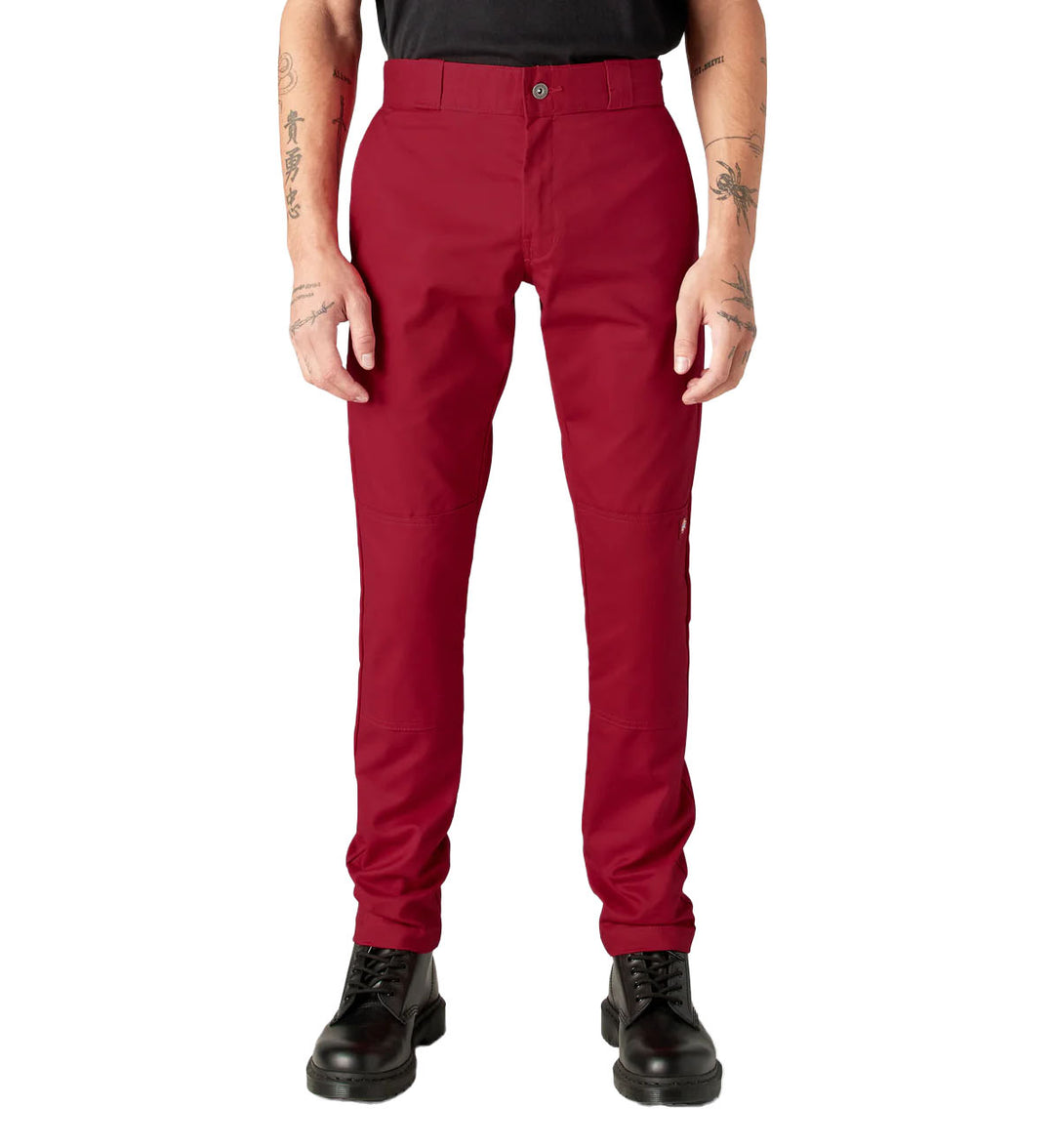 Red Dickies FLEX Skinny Fit Double Knee Work Pants worn by a person on a white background