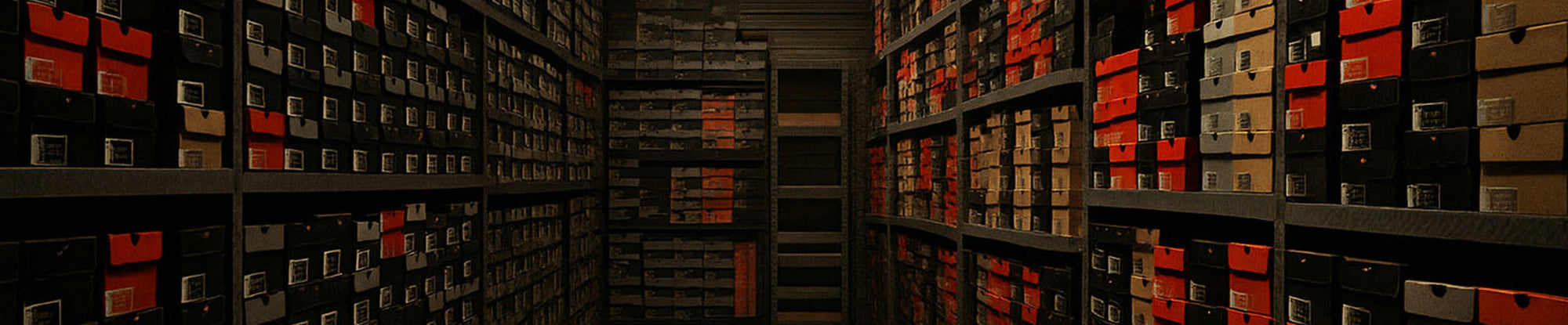 Dark storage room with shelves filled with sneaker boxes