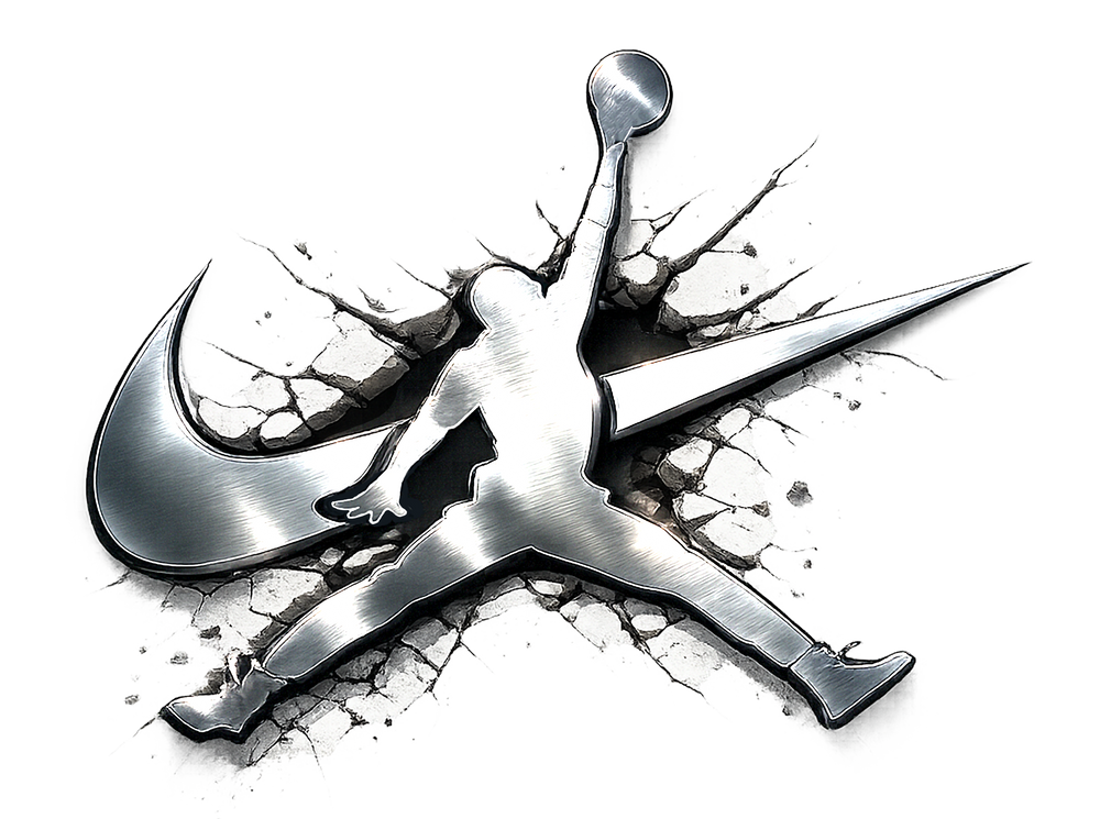 Metallic Jordan and Nike logo with smashed concrete background