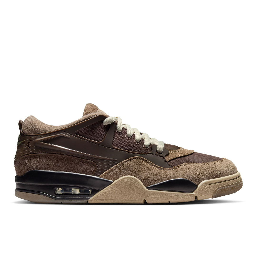 Air Jordan 4 RM sneaker, in a brown, tan, and olive green colorway, shown from the side against a white background.
